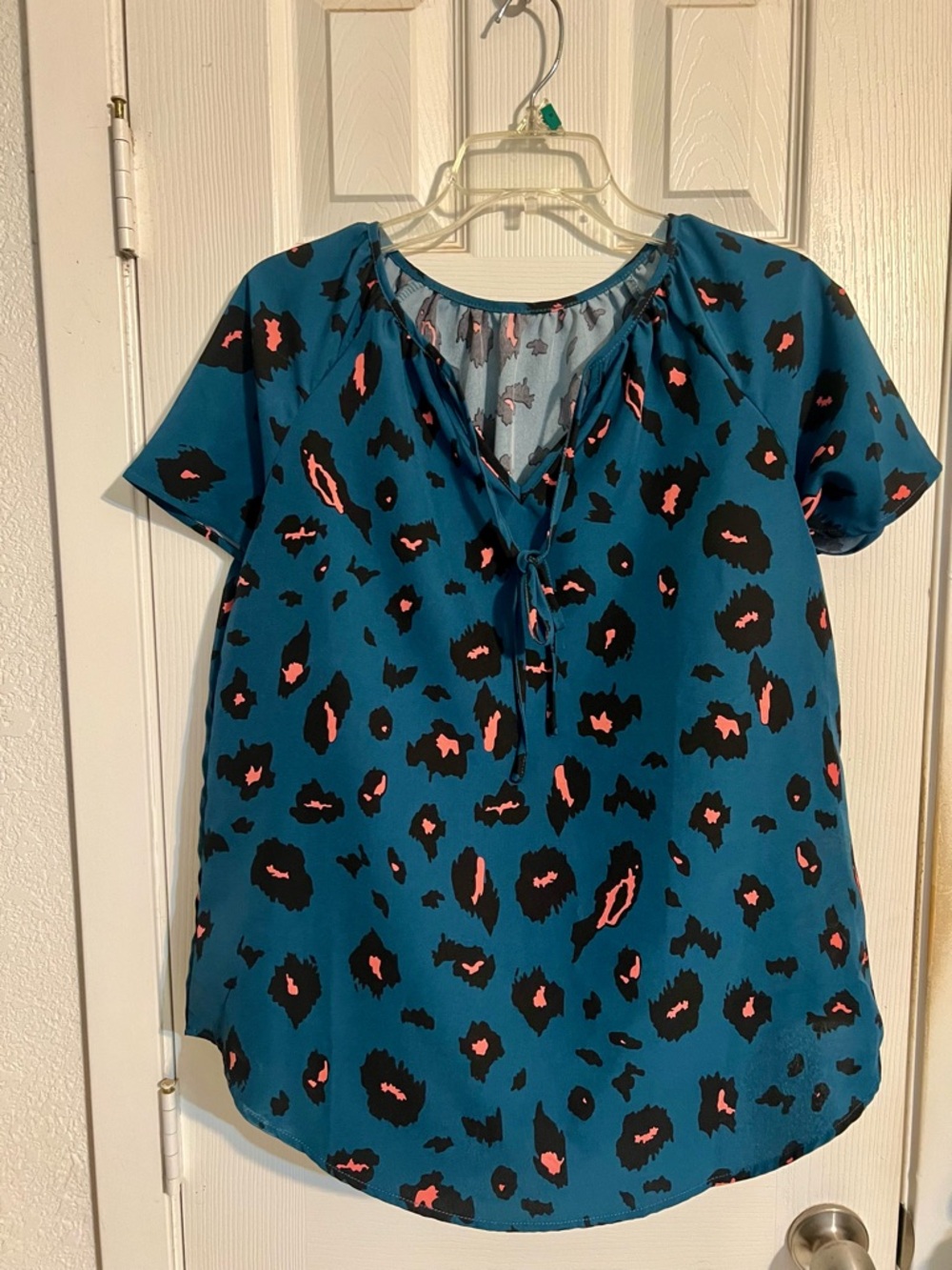 Teal Animal Print Short Sleeve Tie-Neck Blouse